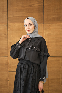 Fırfırı Taş İşlemeli Takım Siyah