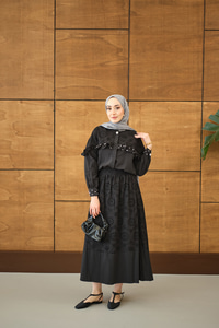 Fırfırı Taş İşlemeli Takım Siyah