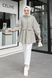 Fırfırlı Düğmesi Taş Detaylı Tunik Gömlek Küf Yeşil