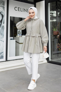 Fırfırlı Düğmesi Taş Detaylı Tunik Gömlek Küf Yeşil