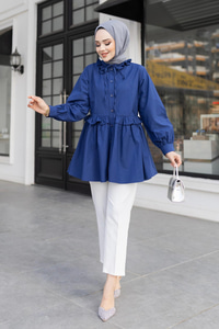 Fırfırlı Düğmesi Taş Detaylı Tunik Gömlek Lacivert