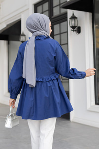 Fırfırlı Düğmesi Taş Detaylı Tunik Gömlek Lacivert