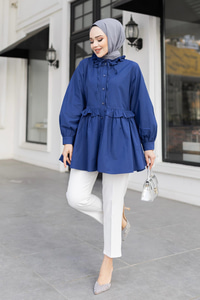 Fırfırlı Düğmesi Taş Detaylı Tunik Gömlek Lacivert