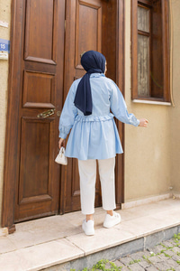 Fırfırlı Düğmesi Taş Detaylı Tunik Gömlek Mavi