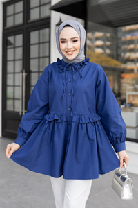 Fırfırlı Düğmesi Taş Detaylı Tunik Gömlek Lacivert