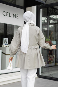 Fırfırlı Düğmesi Taş Detaylı Tunik Gömlek Küf Yeşil