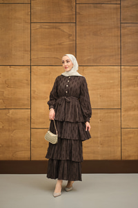 Fisto Volanlı Kemer Detay Elbise Kahverengi