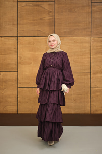 Fisto Volanlı Kemer Detay Elbise Mor