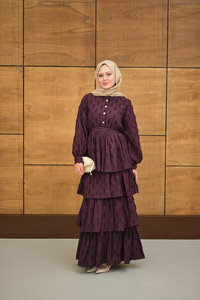 Fisto Volanlı Kemer Detay Elbise Mor