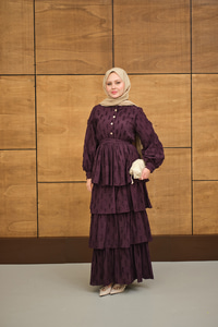 Fisto Volanlı Kemer Detay Elbise Mor