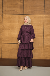 Fisto Volanlı Kemer Detay Elbise Mor