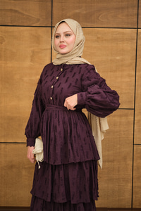 Fisto Volanlı Kemer Detay Elbise Mor