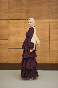 Fisto Volanlı Kemer Detay Elbise Mor