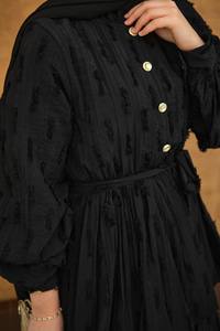 Fisto Volanlı Kemer Detay Elbise Siyah