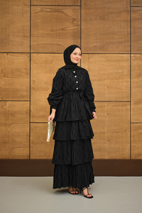 Fisto Volanlı Kemer Detay Elbise Siyah