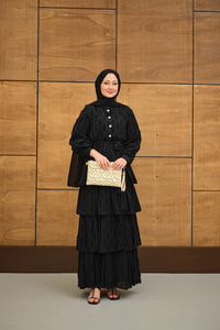 Fisto Volanlı Kemer Detay Elbise Siyah