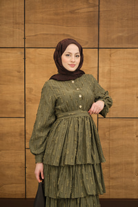 Fisto Volanlı Kemer Detay Elbise Yeşil