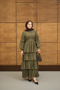 Fisto Volanlı Kemer Detay Elbise Yeşil