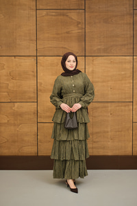 Fisto Volanlı Kemer Detay Elbise Yeşil