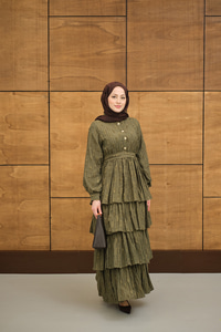 Fisto Volanlı Kemer Detay Elbise Yeşil