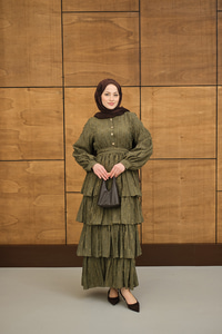 Fisto Volanlı Kemer Detay Elbise Yeşil