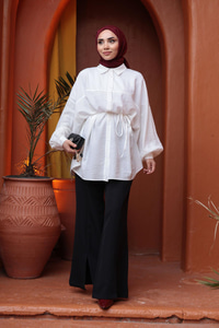 Fitilli Oversize Gömlek Beyaz