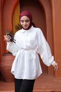 Fitilli Oversize Gömlek Beyaz