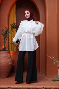 Fitilli Oversize Gömlek Beyaz