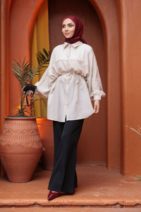 Fitilli Oversize Gömlek Krem