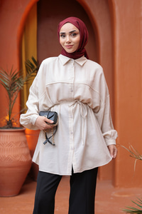 Fitilli Oversize Gömlek Krem