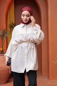 Fitilli Oversize Gömlek Krem