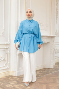 Fitilli Oversize Gömlek Mavi