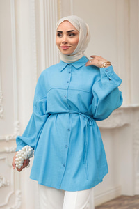 Fitilli Oversize Gömlek Mavi