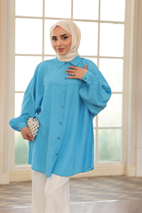 Fitilli Oversize Gömlek Mavi