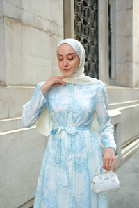 Fiyonk Detaylı Keten Elbise Mavi