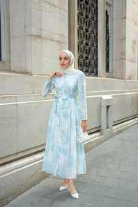 Fiyonk Detaylı Keten Elbise Mavi