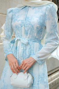 Fiyonk Detaylı Keten Elbise Mavi