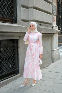 Fiyonk Detaylı Keten Elbise Pembe