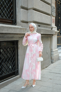 Fiyonk Detaylı Keten Elbise Pembe