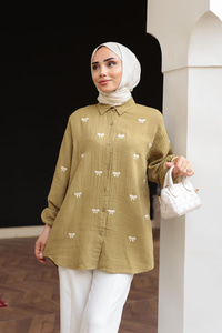 Fiyonk Nakış Detaylı Gömlek Yağ Yeşil