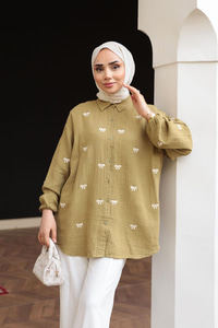 Fiyonk Nakış Detaylı Gömlek Yağ Yeşil