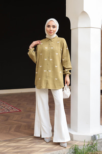 Fiyonk Nakış Detaylı Gömlek Yağ Yeşil