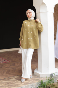 Fiyonk Nakış Detaylı Gömlek Yağ Yeşil