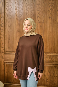 Fiyonk Nakışlı Tunik Kahverengi