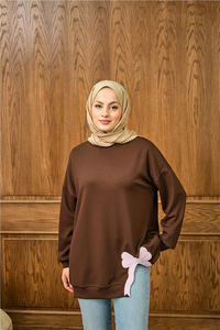 Fiyonk Nakışlı Tunik Kahverengi