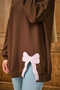 Fiyonk Nakışlı Tunik Kahverengi