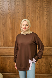 Fiyonk Nakışlı Tunik Kahverengi