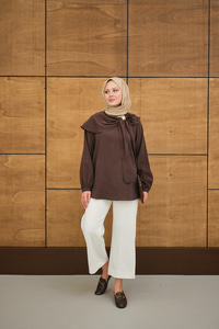 Fular Yaka Cupra Gömlek Kahverengi