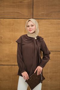 Fular Yaka Cupra Gömlek Kahverengi