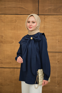 Fular Yaka Cupra Gömlek Lacivert